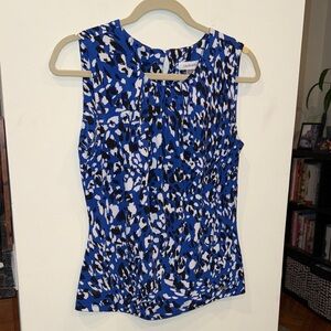 Calvin Klein Royal Blue Black patterned sleeveless pleated collar blouse small